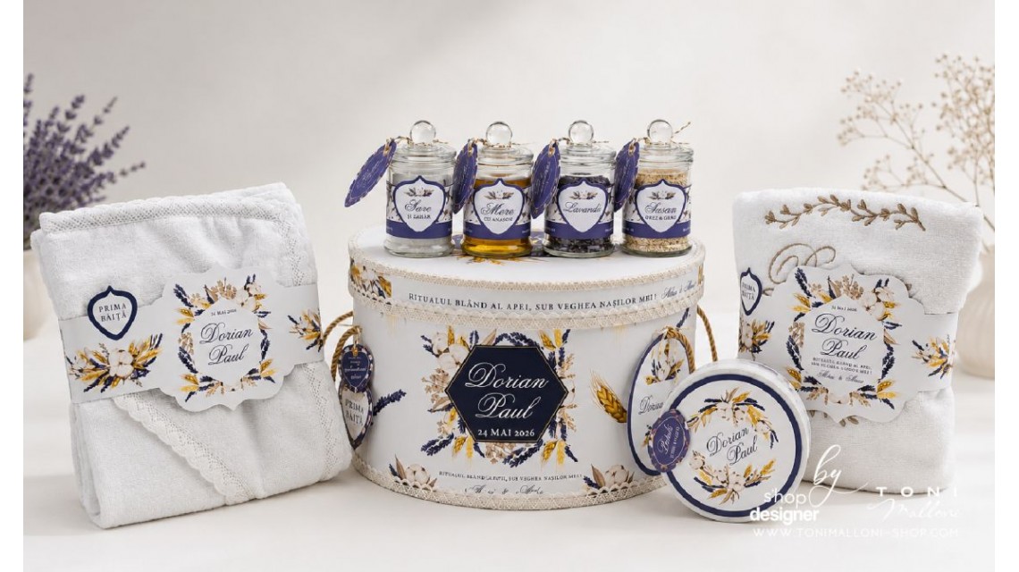 Set Prima Băiță după Botez Lavandă si Grâu Ritualul Blând al Apei cu Nașii Personalizat pentru Băieți 14